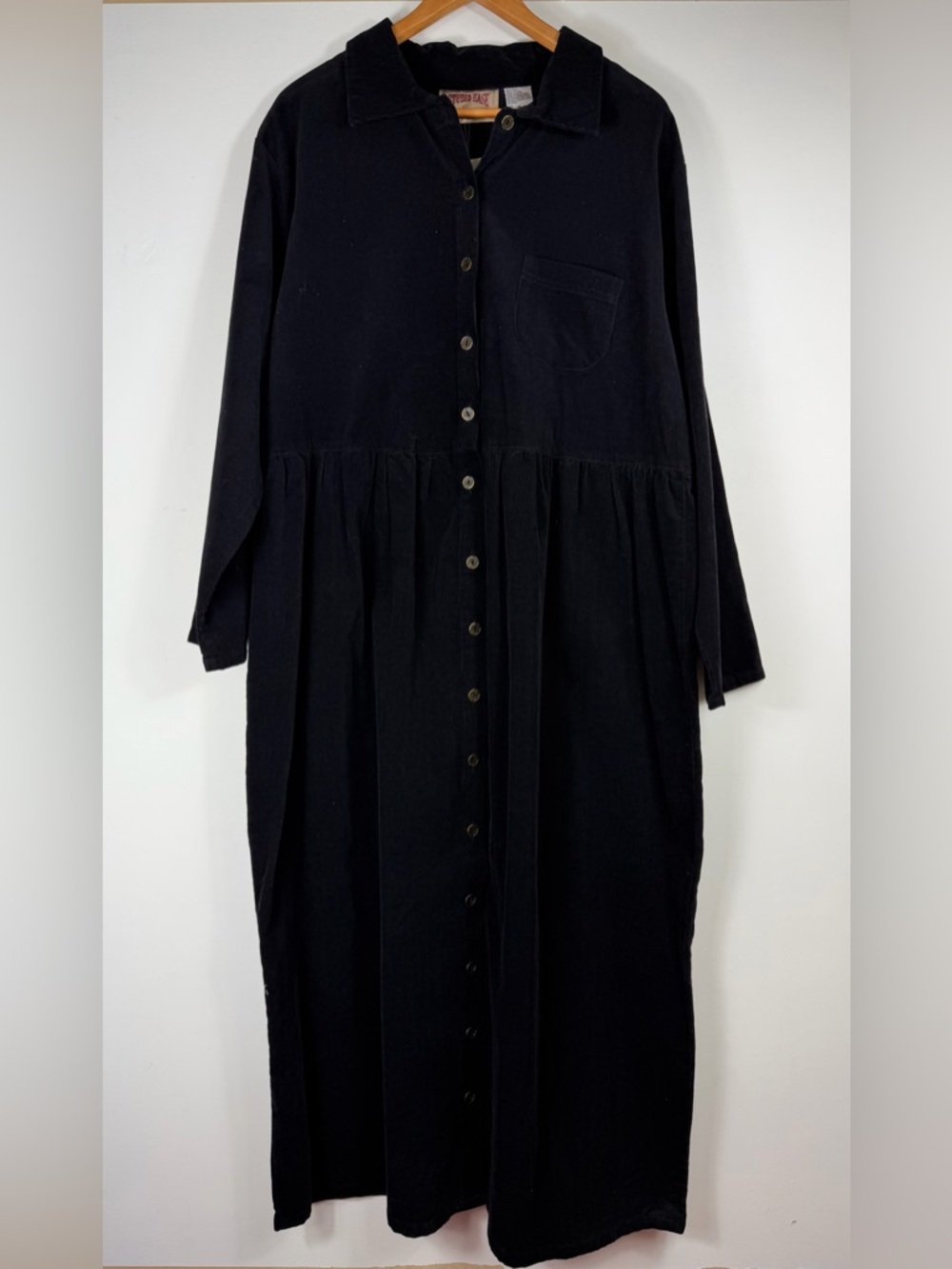 Vintage NWT Studio Ease Black Corduroy Button Front Maxi Shirt Dress Size 18